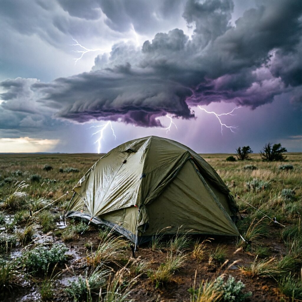 Prairie camping safety — storm approaching over open grassland with tent secured