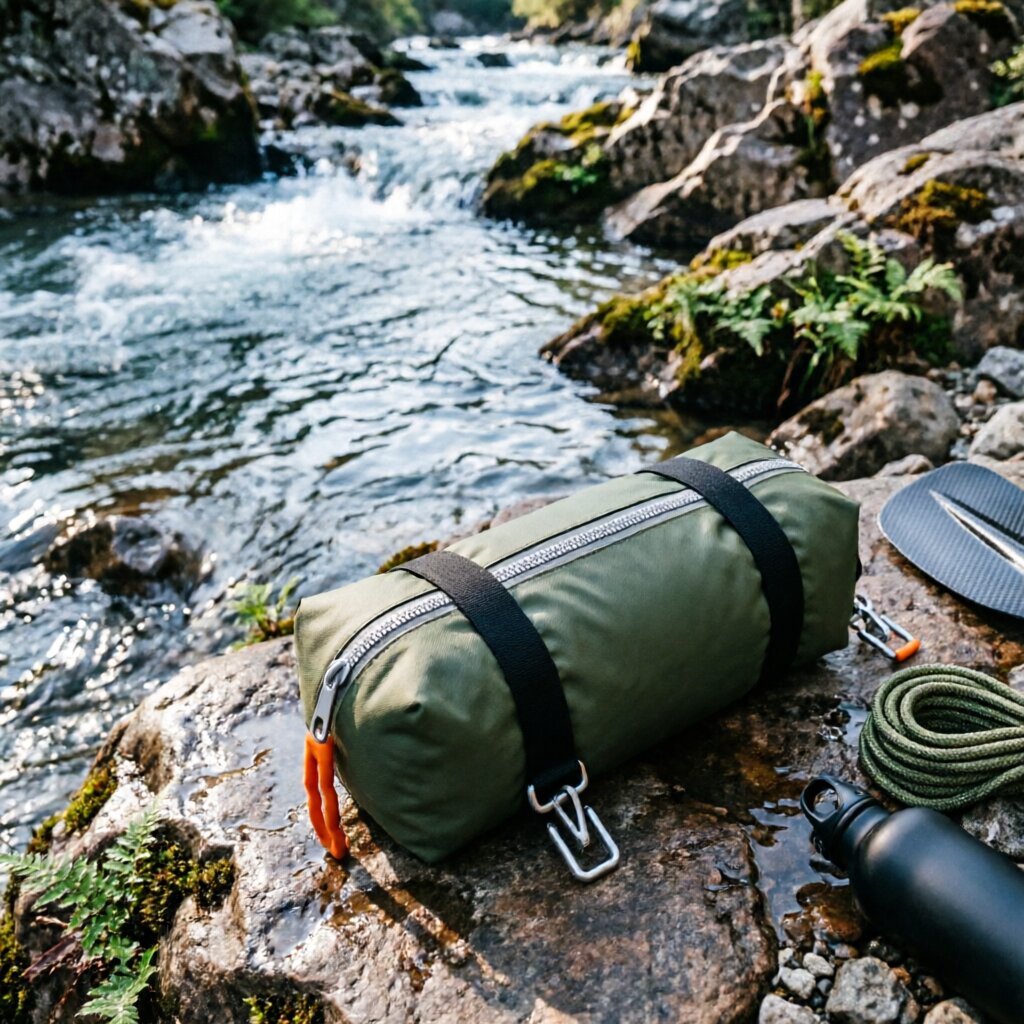 Earth Pak dry bag — roll-top waterproof bag floating in river water