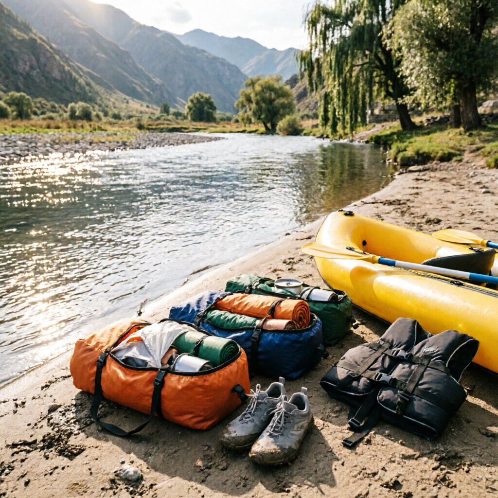 River camping gear spread — dry bags, water shoes, cooler, and headlamp on river rocks