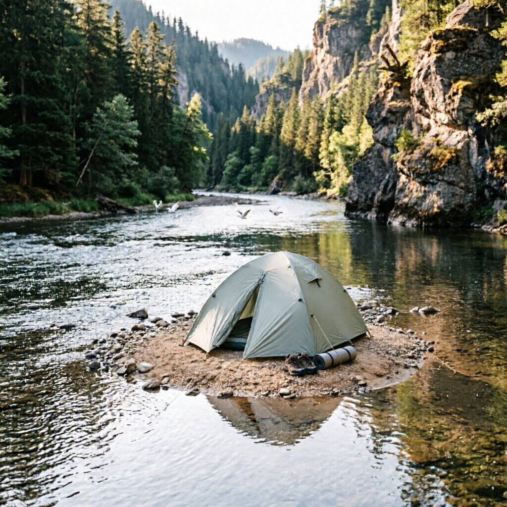 River camping overview — tent set up on a sandbar beside a flowing river at sunset