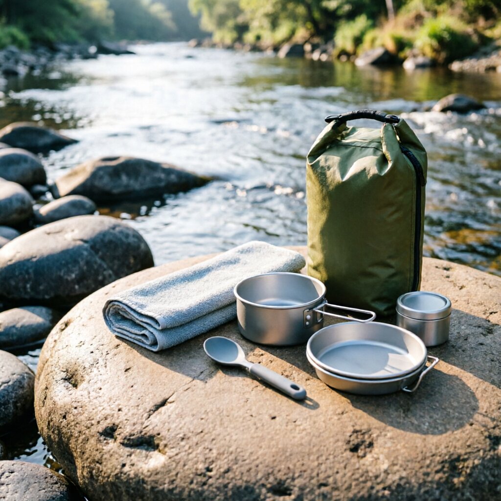 River camping packing — organized gear layout on riverbank